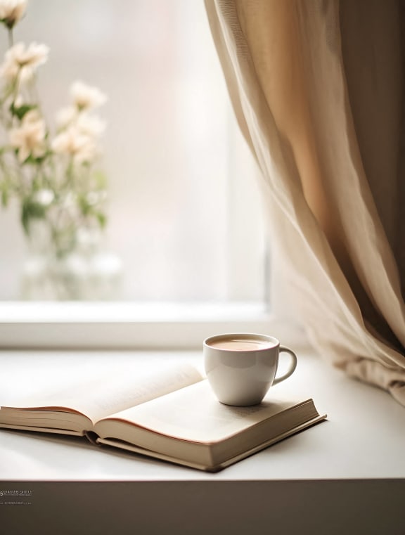 a cup of coffee and a book on a window sill